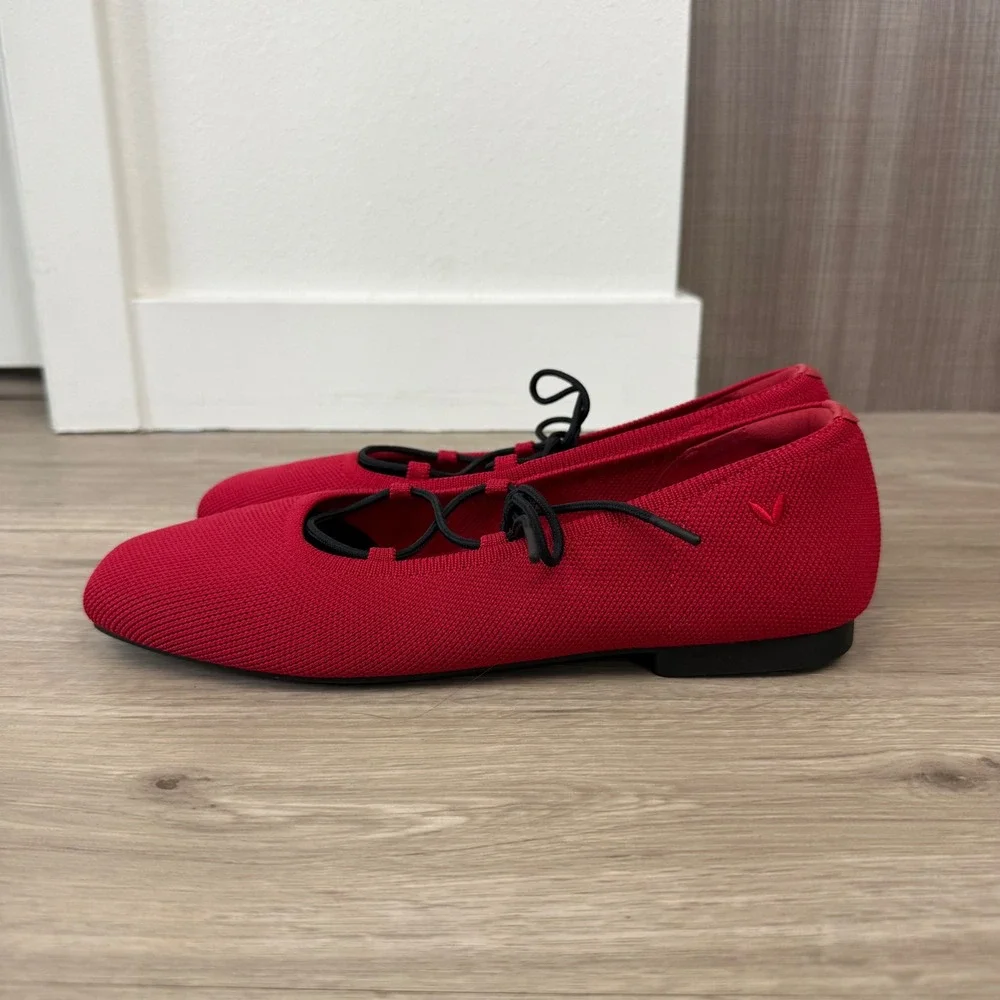 NEW Vivaia Ruby Red Square-Toe Lace Up Mary Janes Miley Flats Knit Size 39